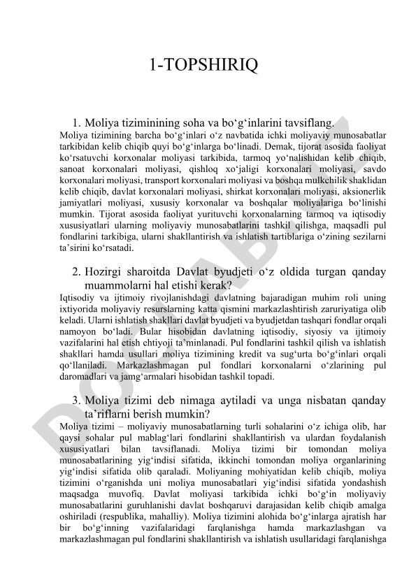 Moliya tizimining soha va bo'g'inlari