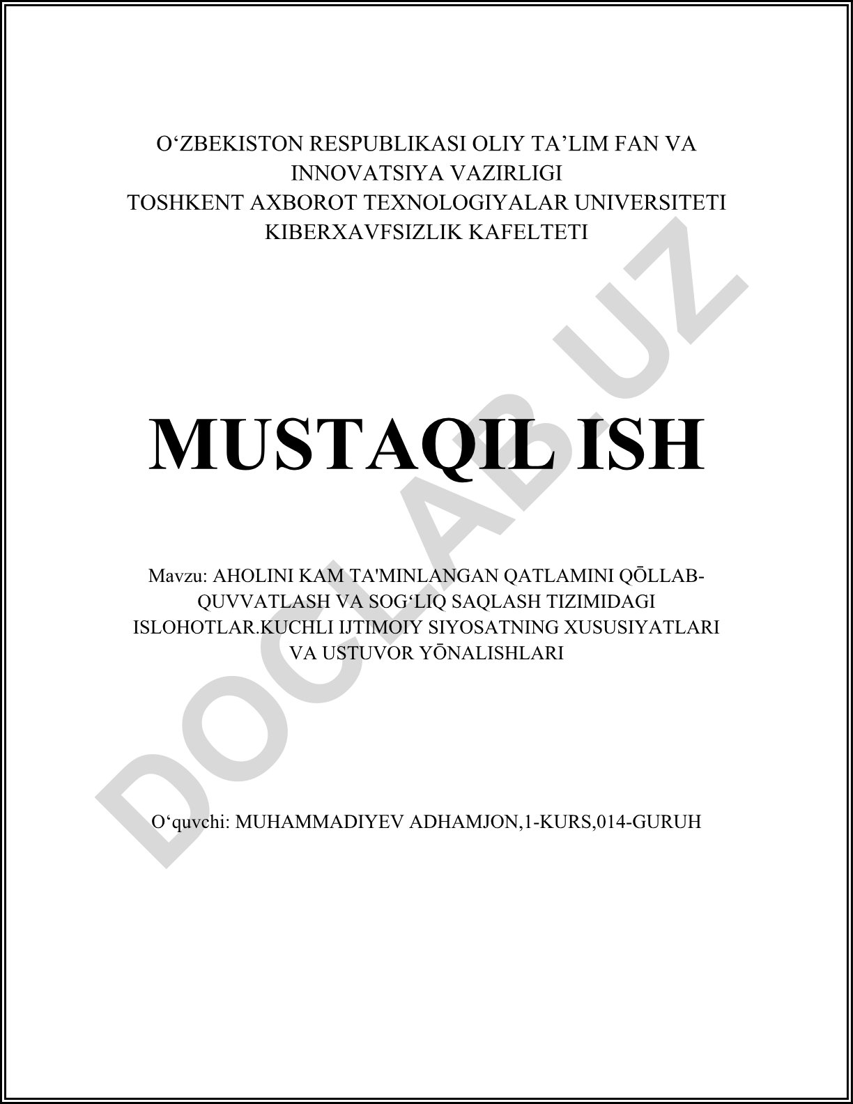 Aholini kam ta'minlangan qatlamini qo'llab-quvvatlash va sog'liq saqlash tizimidagi islohotlar