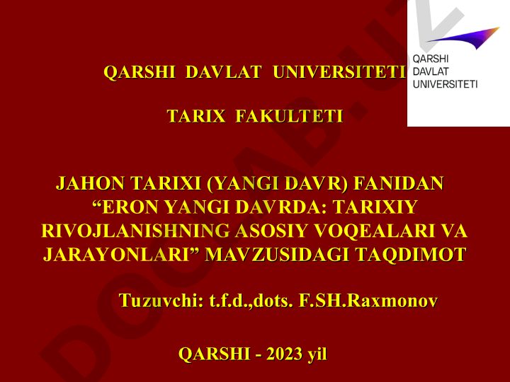 Eron yangi davrda: tarixiy rivojlanishning asosiy voqealari va jarayonlari