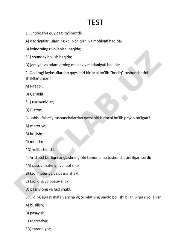 Falsafa fanidan test savollari