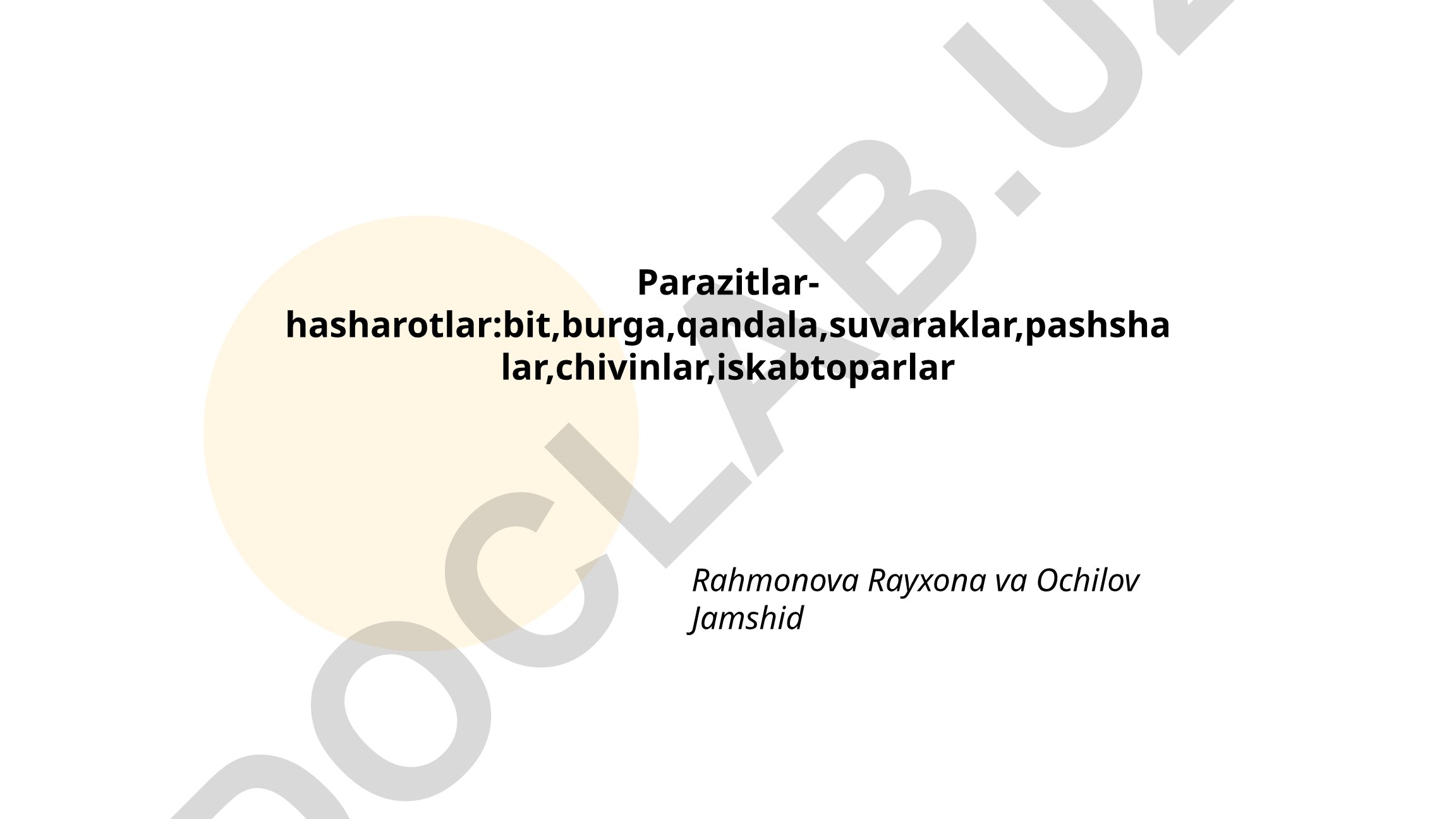 Parazitlar-hasharotlar: bit, burga, qandala, suvaraklar, pashshalar, chivinlar, iskabtoparlar