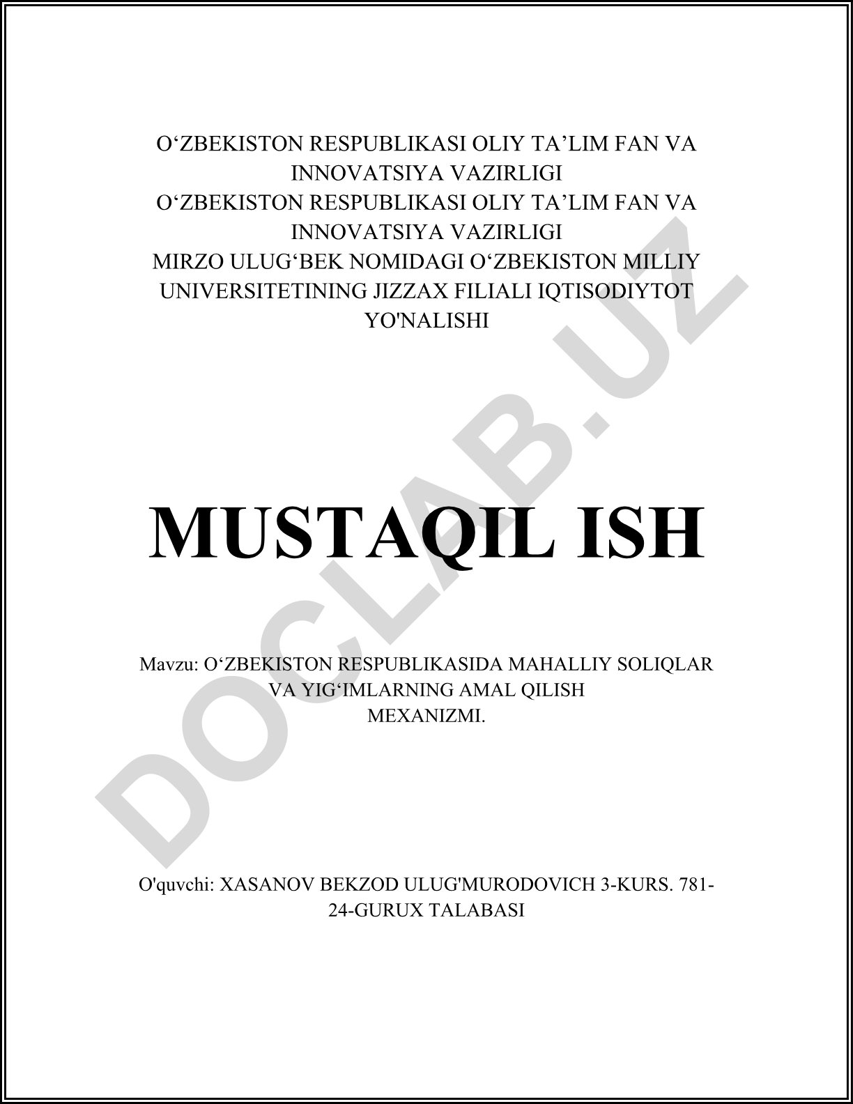 O‘zbekiston Respublikasida mahalliy soliqlar va yig‘imlarning amal qilish mexanizmi