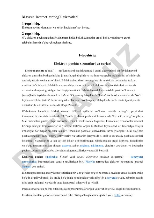 Internet tarmog'i xizmatlari: Elektron pochta xizmatlari va turlari