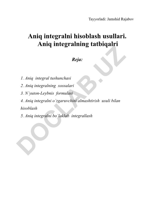 Aniq integralni hisoblash usullari va tatbiqlari