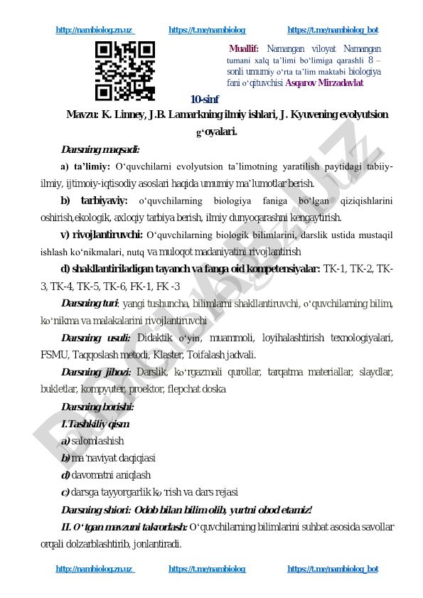 K. Linney, J.B. Lamarkning ilmiy ishlari, J. Kyuvening evolyutsion g‘oyalari