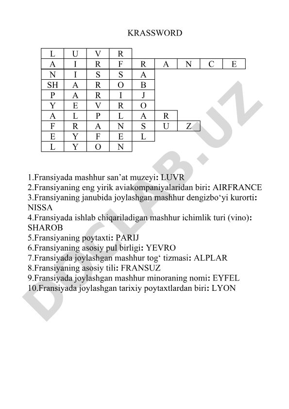 Fransiya haqida krossvord savollari