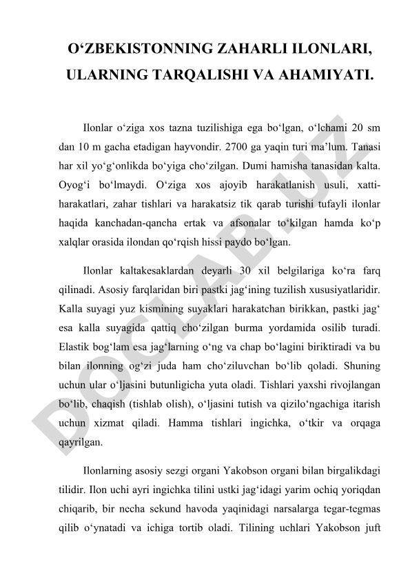 O'zbekistonda zaharli ilonlar, ularning tarqalishi va ahamiyati