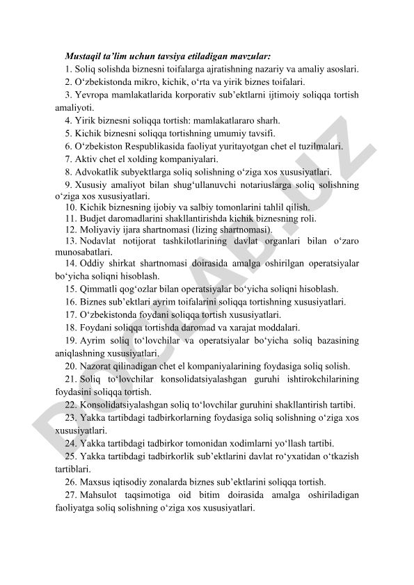 Mustaqil ta'lim uchun soliq va biznes mavzulari