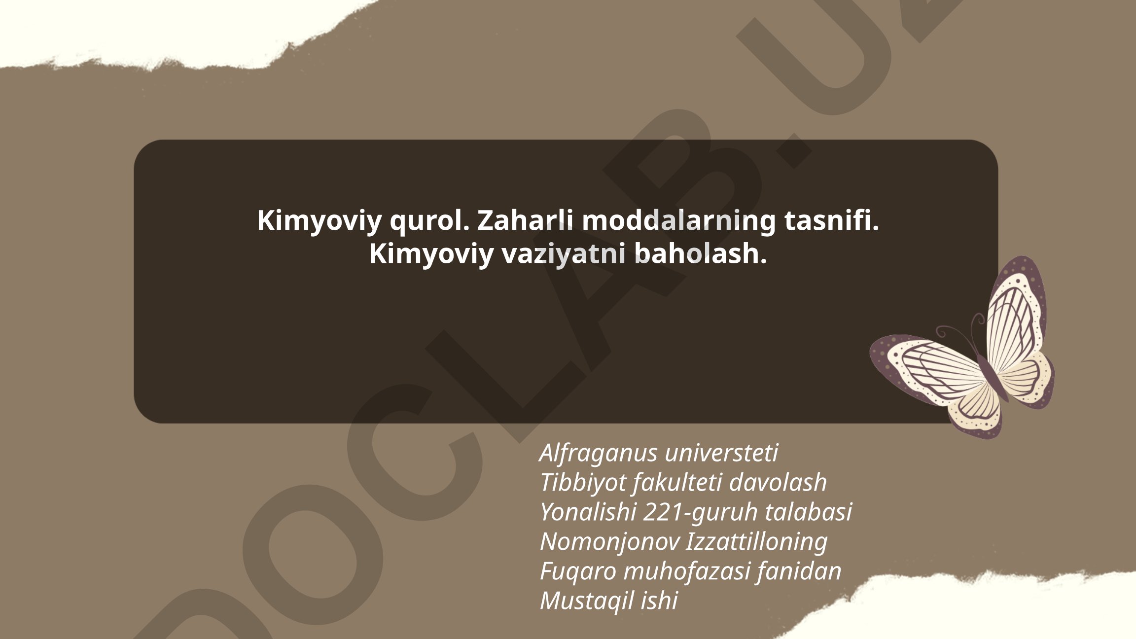 Kimyoviy qurol, zaharli moddalar tasnifi va kimyoviy vaziyatni baholash