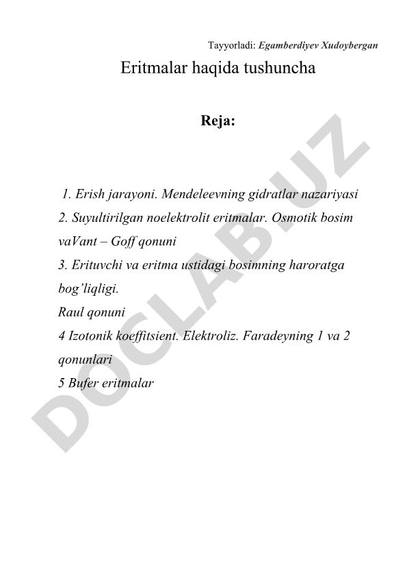 Eritmalar haqida tushuncha va kimyoviy jarayonlar