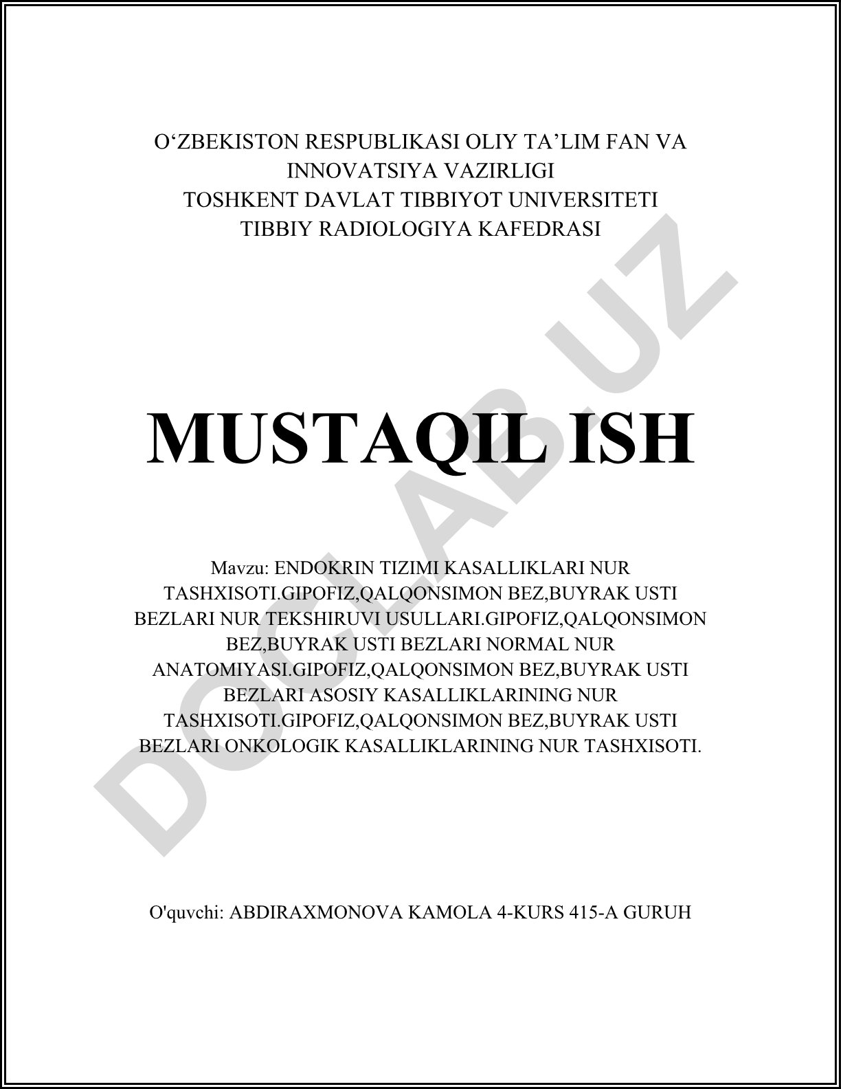 Endokrin tizimi kasalliklari nur tashxisoti