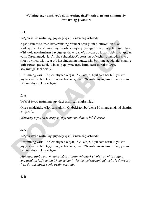 Yilning eng yaxshi oʻzbek tili oʻqituvchisi tanlovi test javoblari