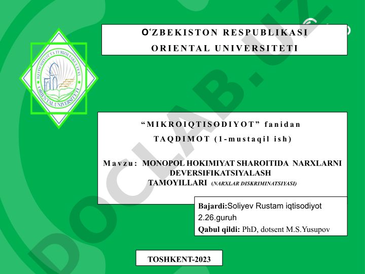 Monopol hokimiyat sharoitida narxlarni deversifikatsiyalash tamoyillari