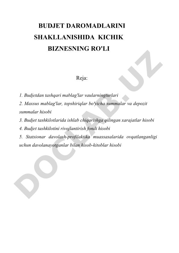 Budjet daromadlarini shakllanishida kichik biznesning ro'li