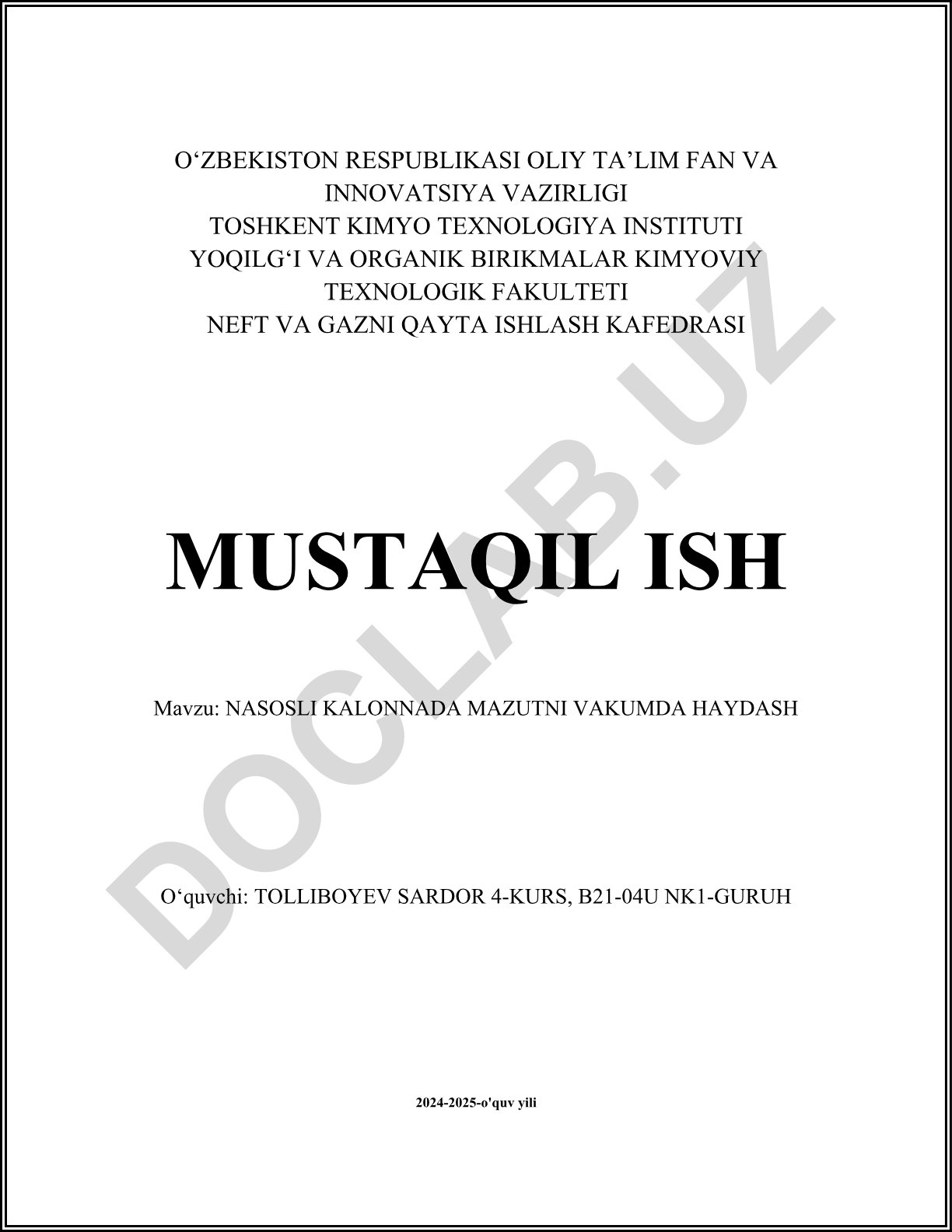 Nasosli kalonnada mazutni vakumda haydash