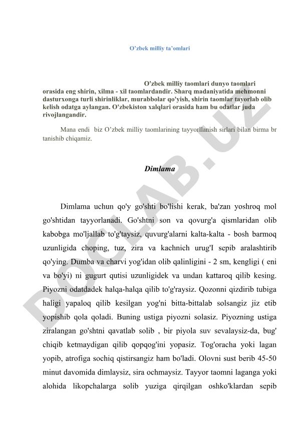 O'zbek milliy taomlari tayyorlash sirlari