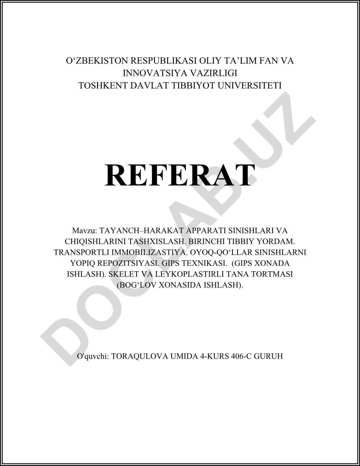 Tayanch–harakat apparati sinishlari va chiqishlarini tashxislash. Birinchi tibbiy yordam. Transportli immobilizastiya. Oyoq–qo‘llar sinishlarni yopiq repozitsiyasi. Gips texnikasi. Skelet va leykoplastirli tana tortmasi.
