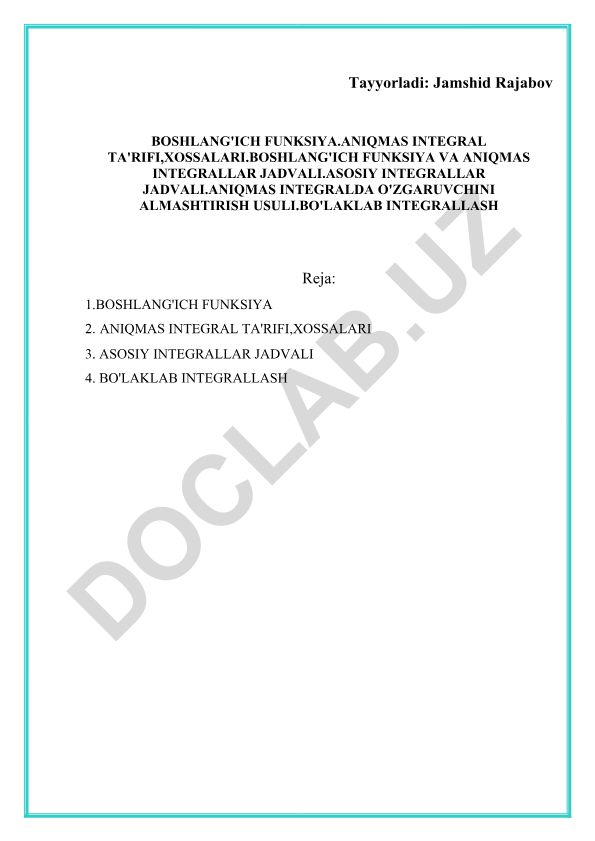 Boshlang'ich funksiya va aniqmas integral