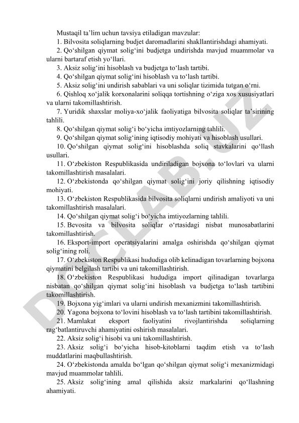 Bilvosita soliqlar va qo'shilgan qiymat solig'i bo'yicha mustaqil ta'lim mavzulari