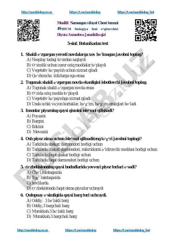5-sinf botanika fanidan test savollari