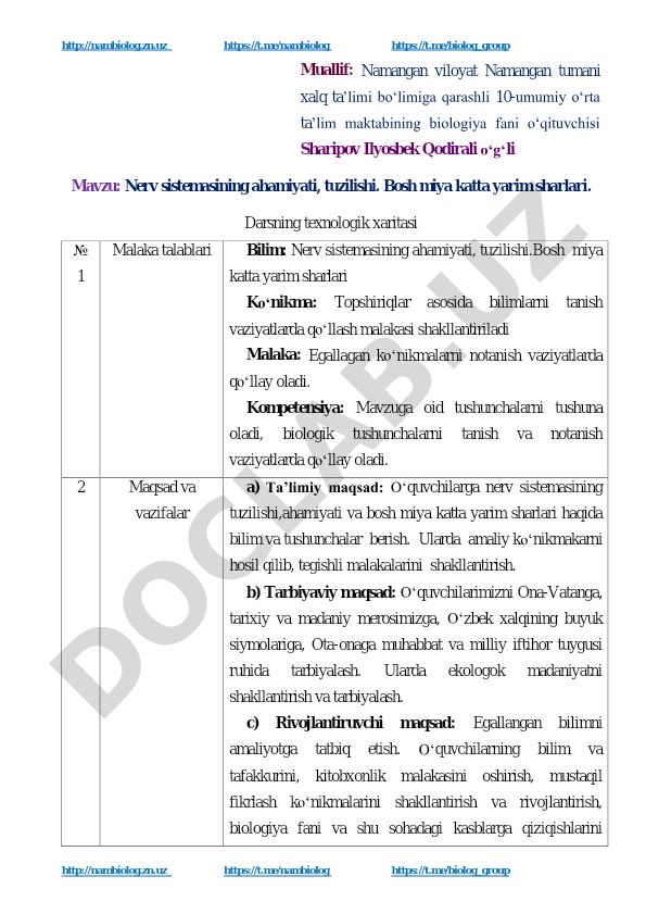 Nerv sistemasining ahamiyati, tuzilishi. Bosh miya katta yarim sharlari