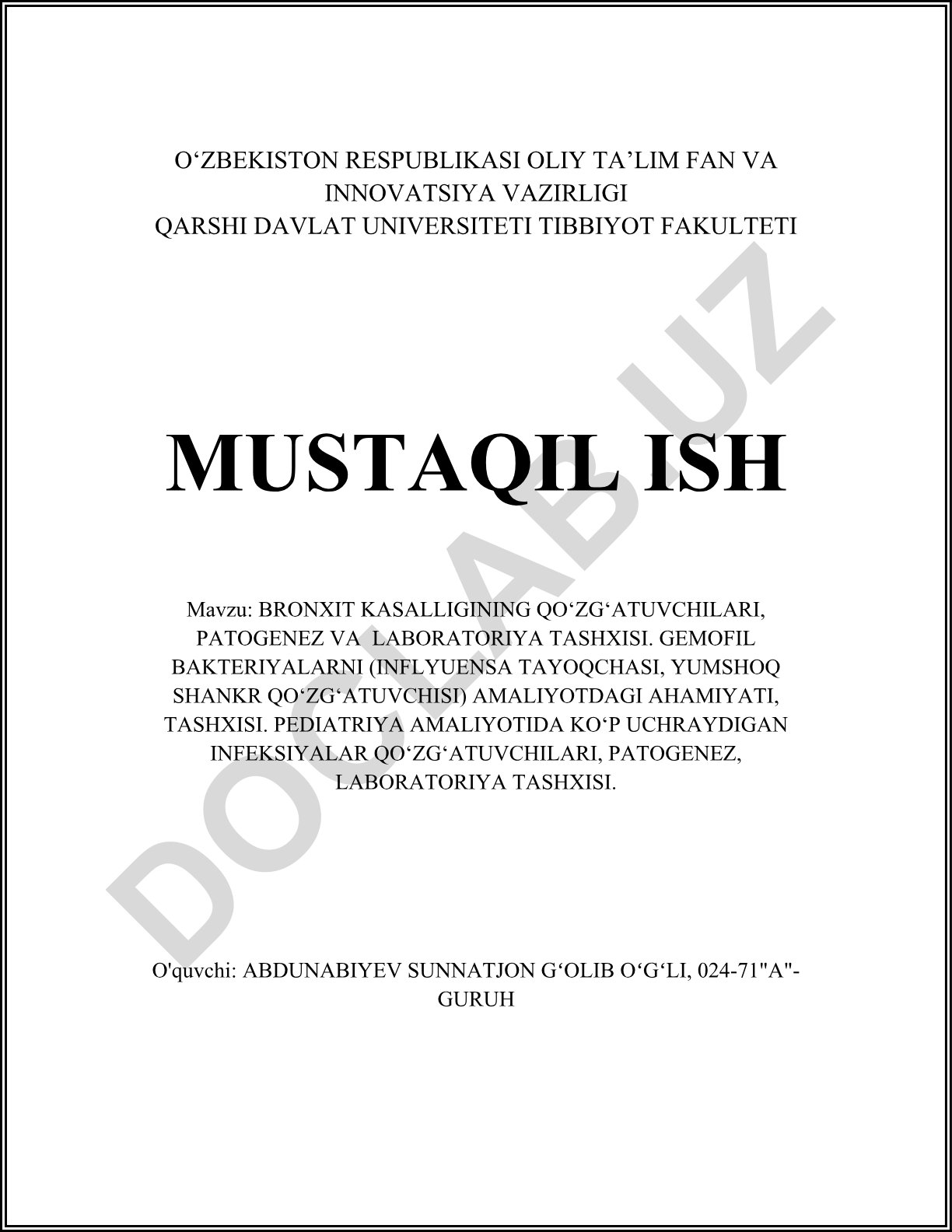 Bronxit kasalligining qo‘zg‘atuvchilari, patogenez va laboratoriya tashxisi