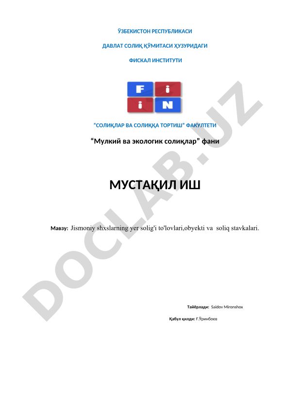 Jismoniy shaxslarning yer solig'i to'lovlari, obyekti va soliq stavkalari