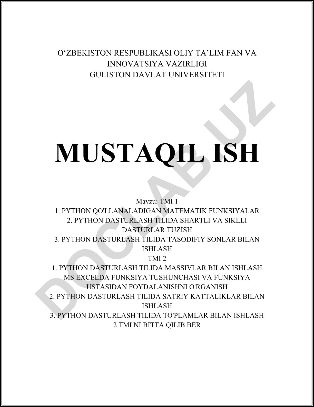Python dasturlash tilida matematik funksiyalar, shartli va siklli dasturlar, massivlar bilan ishlash