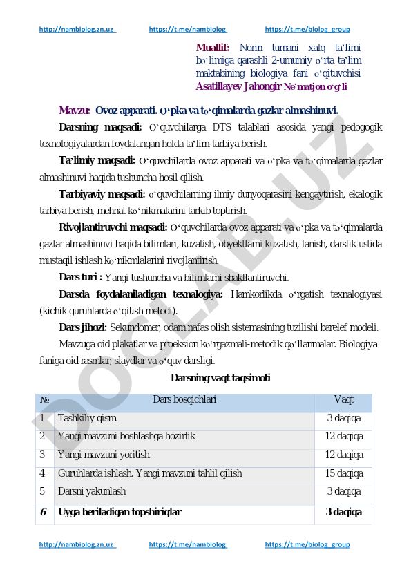 Ovoz apparati. Oʻpka va toʻqimalarda gazlar almashinuvi