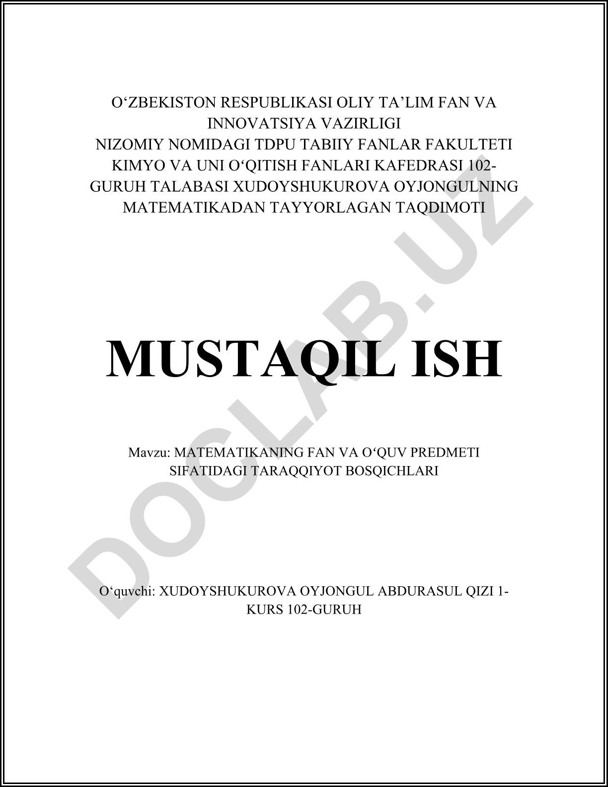 Matematikaning fan va o'quv predmeti sifatidagi taraqqiyot bosqichlari
