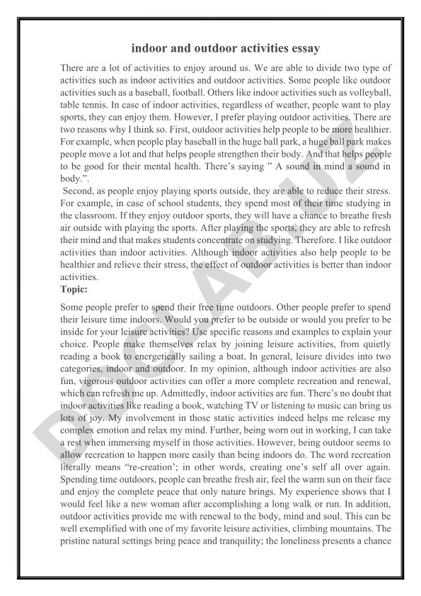Indoor and outdoor activities comparison essay