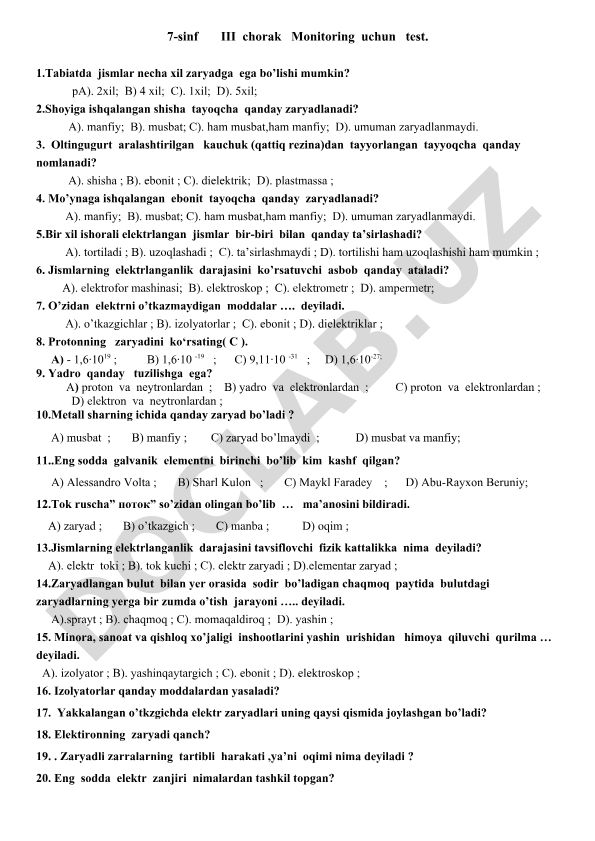 7-sinf fizika fanidan III chorak monitoring testi