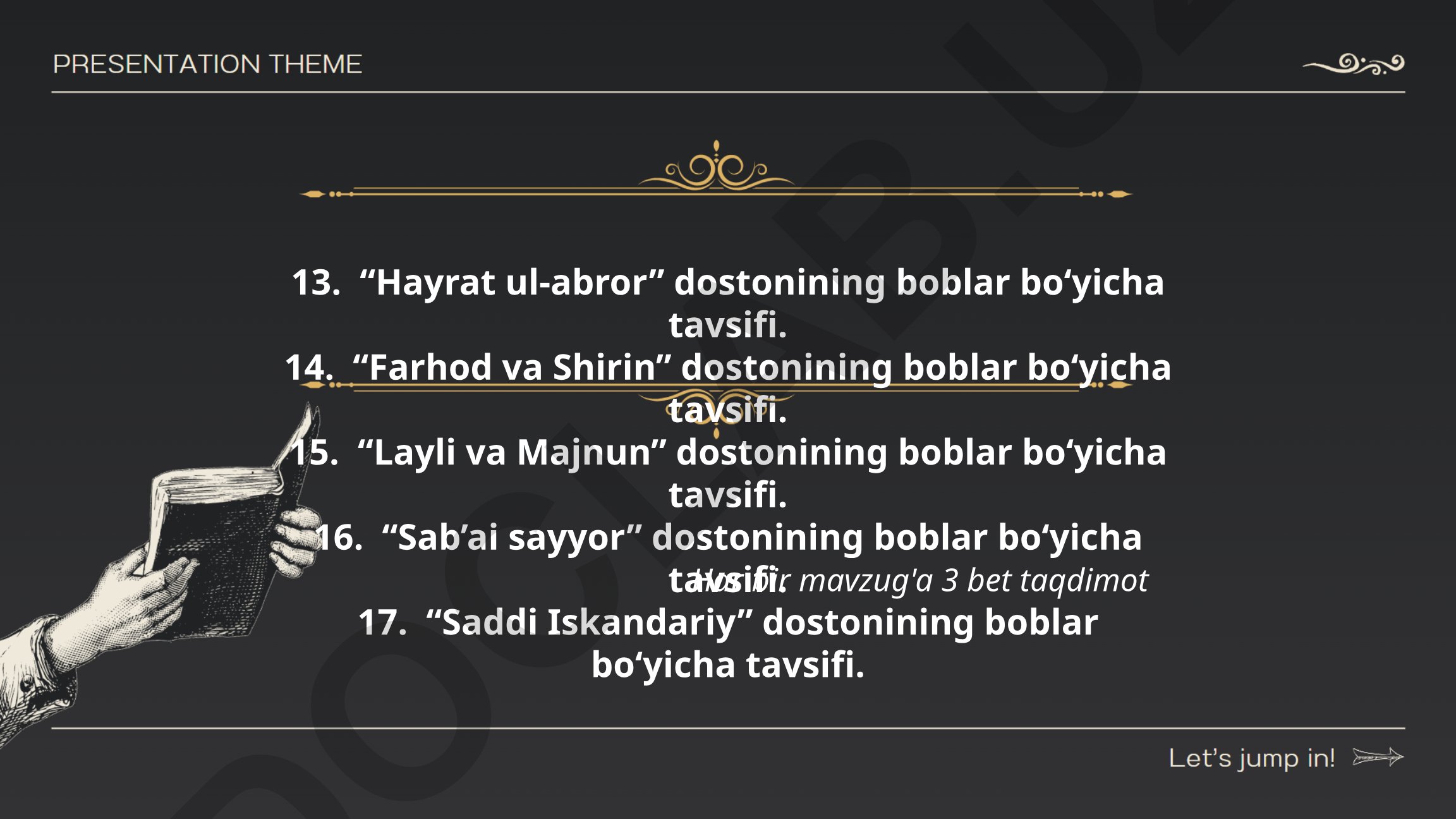 Alisher Navoiy dostonlarining boblar bo'yicha tavsifi