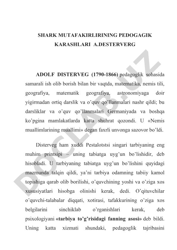 Shark mutafakkirlarining pedagogik qarashlari: Adolf Disterveg