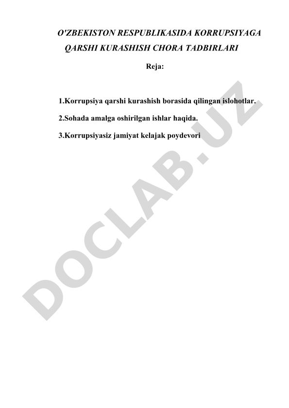 O'zbekiston Respublikasida korrupsiyaga qarshi kurashish chora tadbirlari