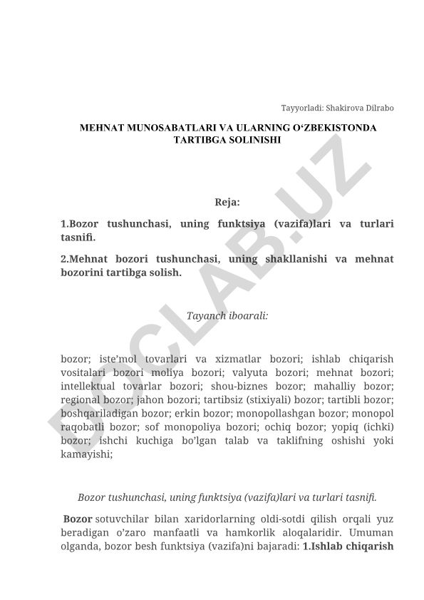 Mehnat munosabatlari va ularning O‘zbekistonda tartibga solinishi