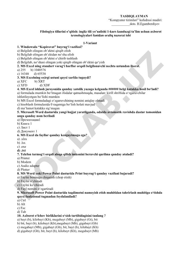 Axborot texnologiyalari fanidan oraliq nazorat ishi 1-variant