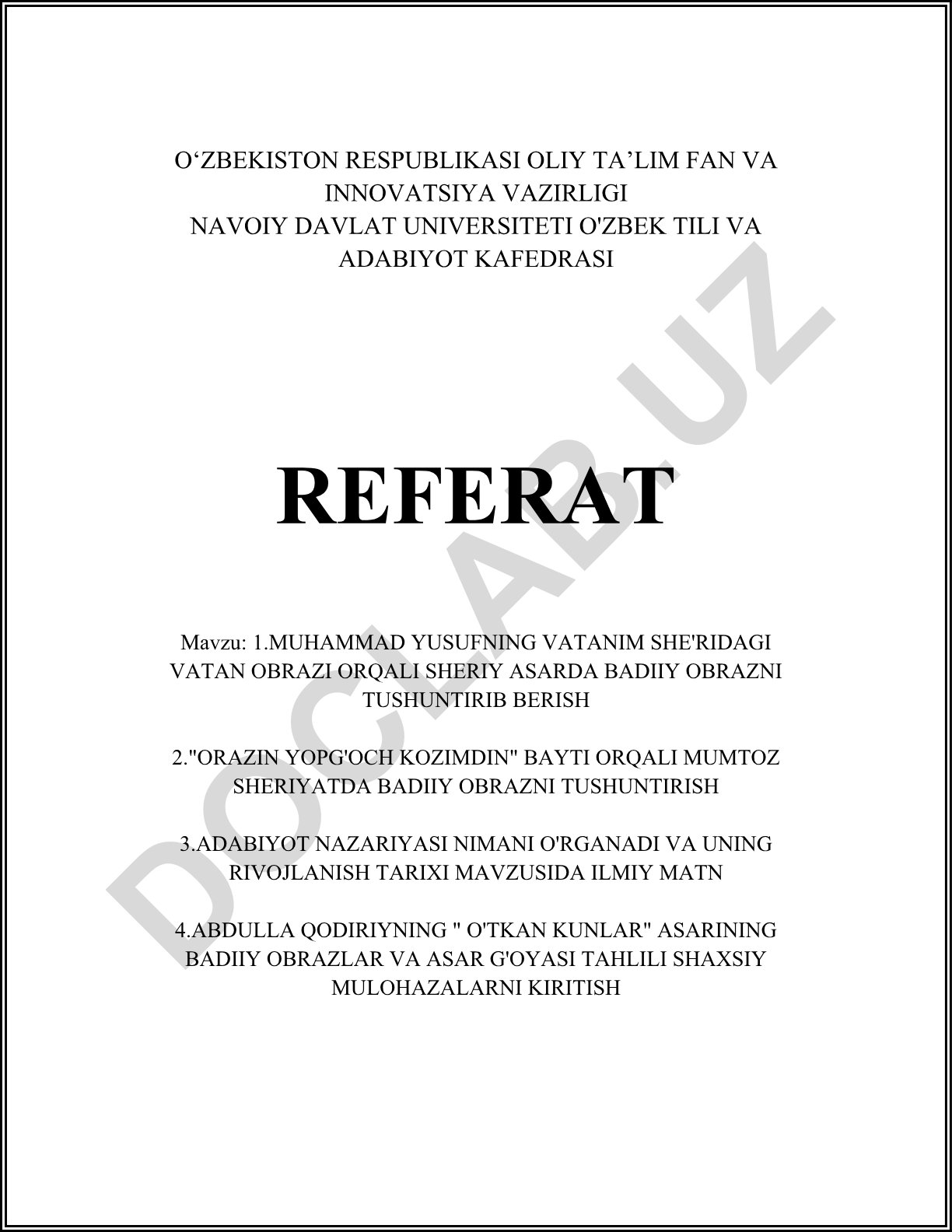 Muhammad Yusufning Vatanim she'ridagi vatan obrazi va mumtoz sheriyatda badiiy obraz tushunchasi