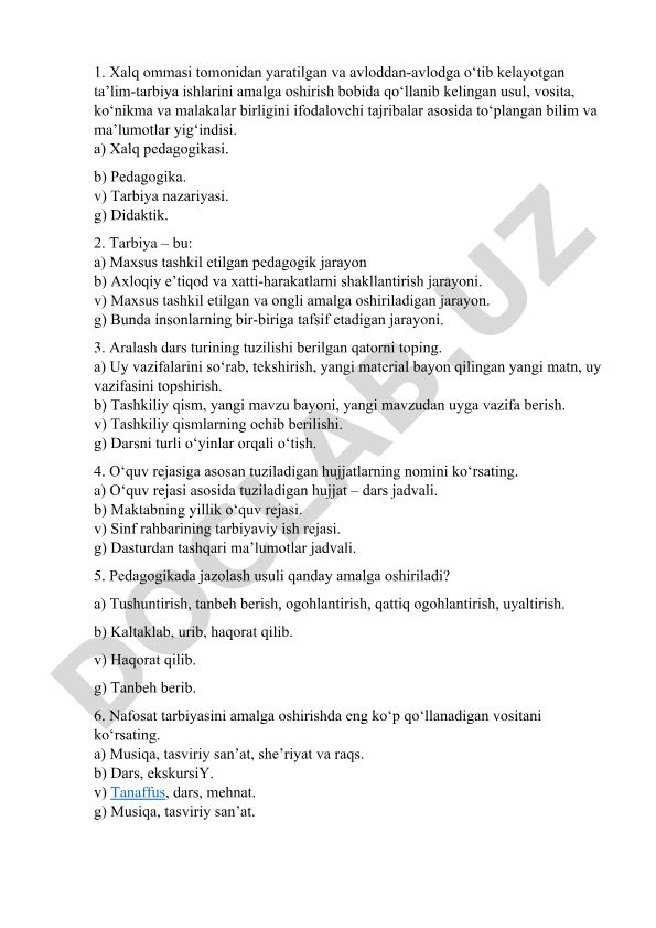 Pedagogika faniga oid test savollari