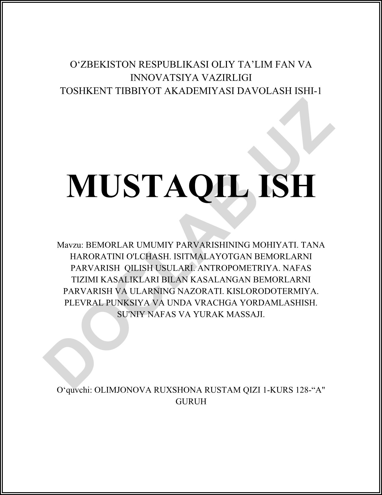 Bemorlar umumiy parvarishining mohiyati. Tana haroratini o'lchash. Isitmalayotgan bemorlarni parvarish qilish usullari. Antropometriya. Nafas tizimi kasalliklari bilan kasallangan bemorlarni parvarish va ularning nazorati. Kislorodterapiya. Plevral punksiya va unda vrachga yordamlashish. Su'niy nafas va yurak massaji