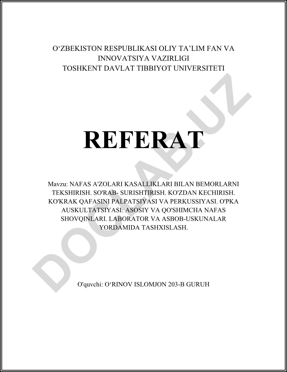 Nafas a'zolari kasalliklari bilan bemorlarni tekshirish usullari