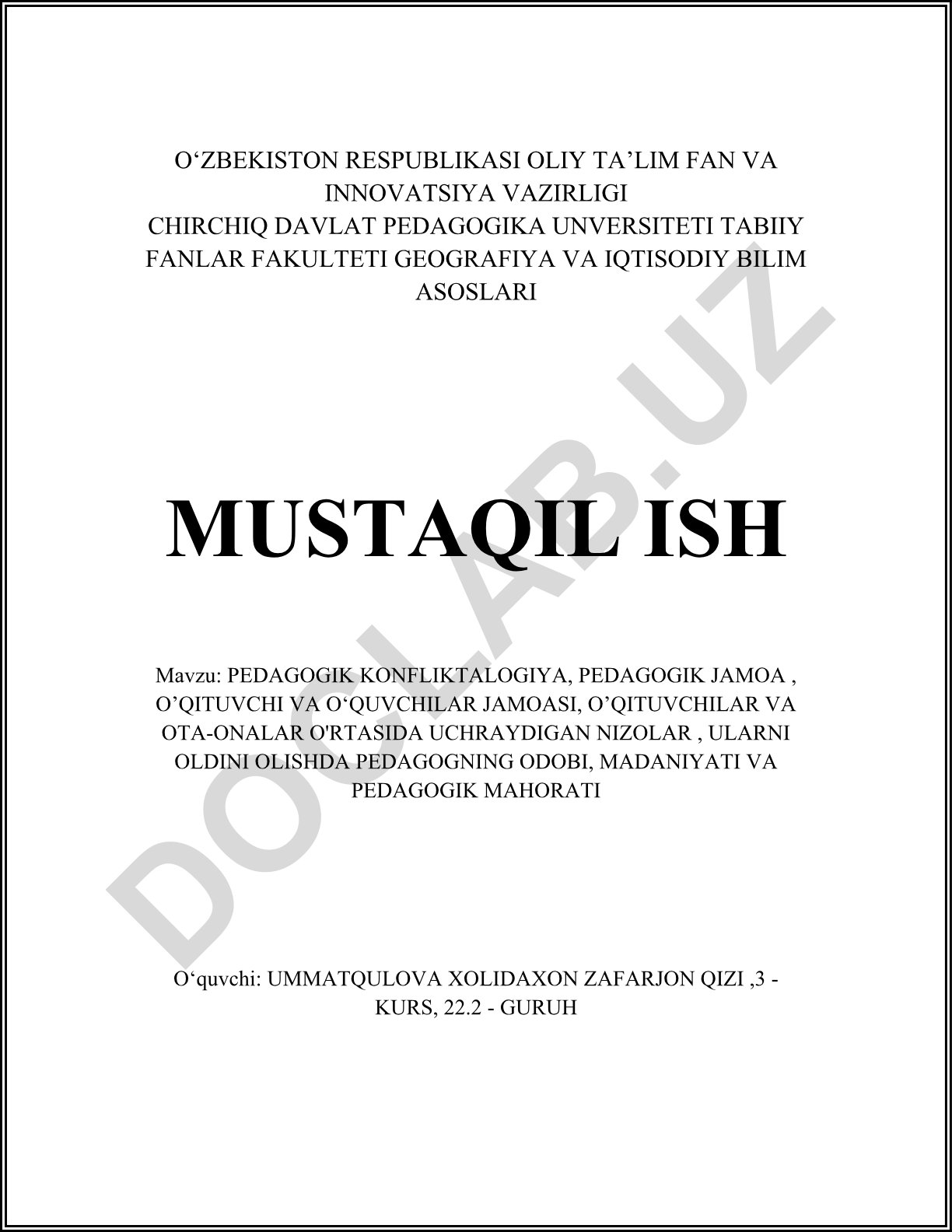 Pedagogik konfliktologiya, pedagogik jamoa, o'qituvchi va o'quvchilar jamoasi, o'qituvchilar va ota-onalar o'rtasida uchraydigan nizolar, ularni oldini olishda pedagogning odobi, madaniyati va pedagogik mahorati