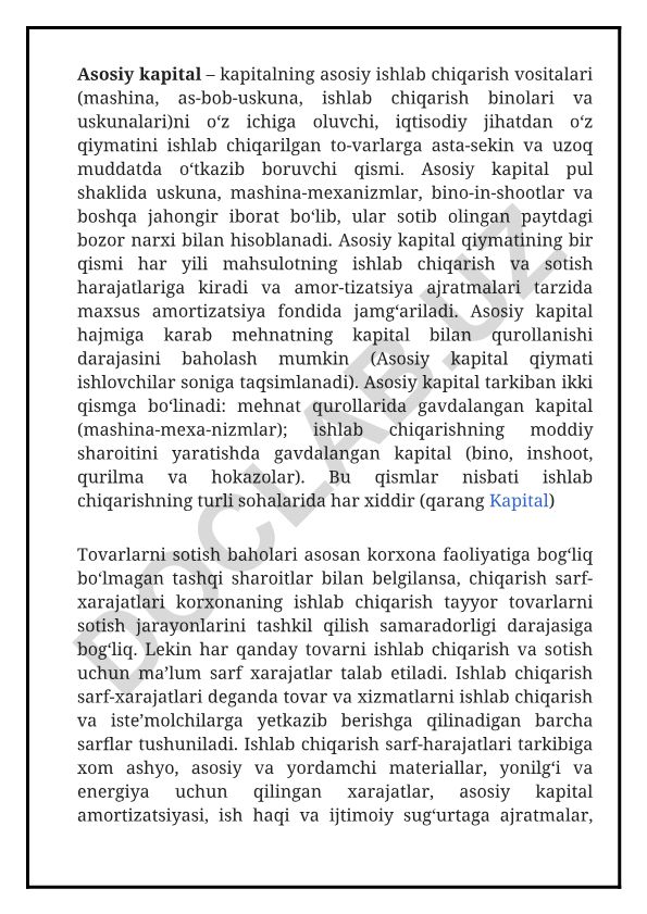 Asosiy kapital tushunchasi va uning iqtisodiy ahamiyati