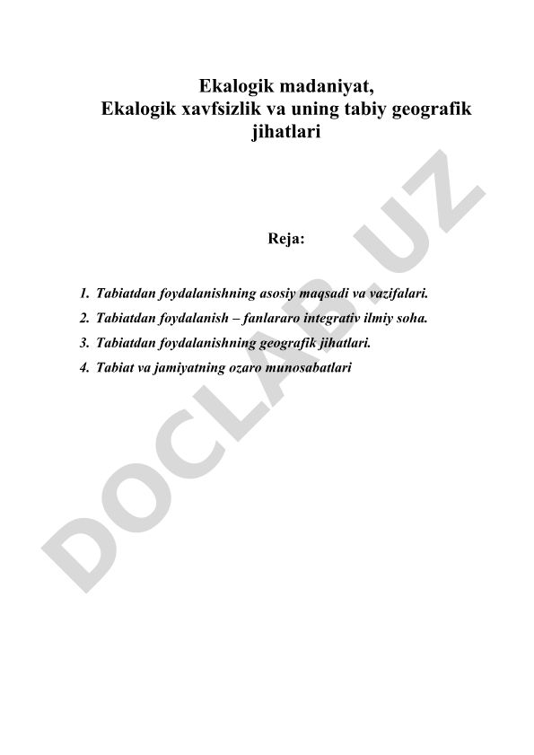 Ekologik madaniyat, xavfsizlik va uning tabiiy geografik jihatlari