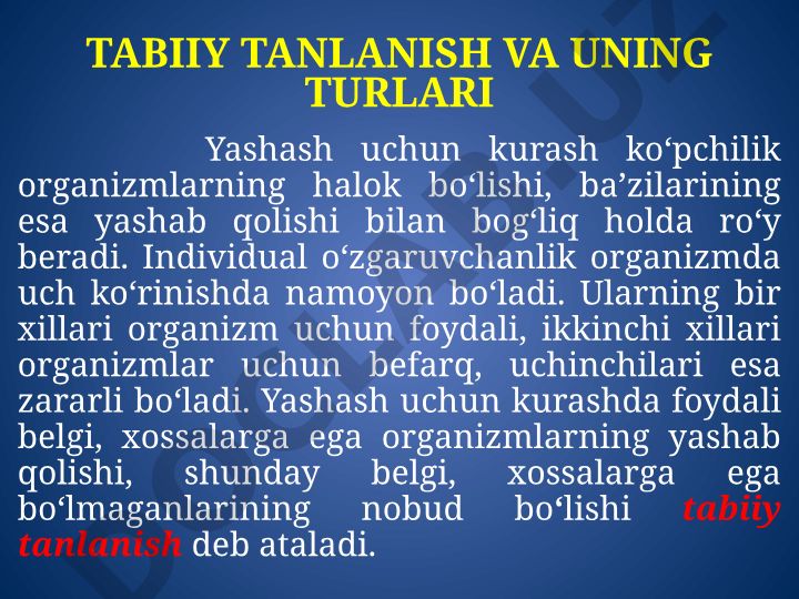 Tabiiy tanlanish va uning turlari