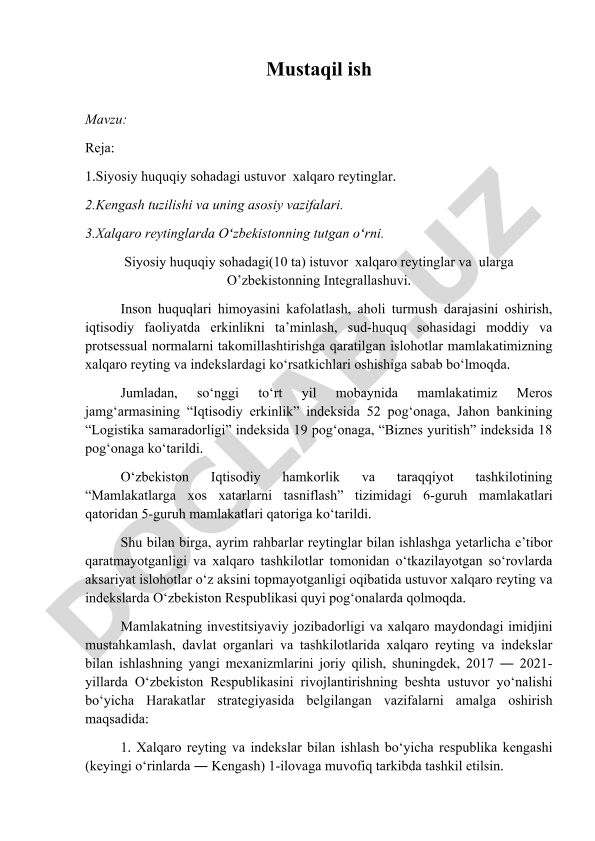 Siyosiy huquqiy sohadagi ustuvor xalqaro reytinglar va Oʻzbekistonning integratsiyasi