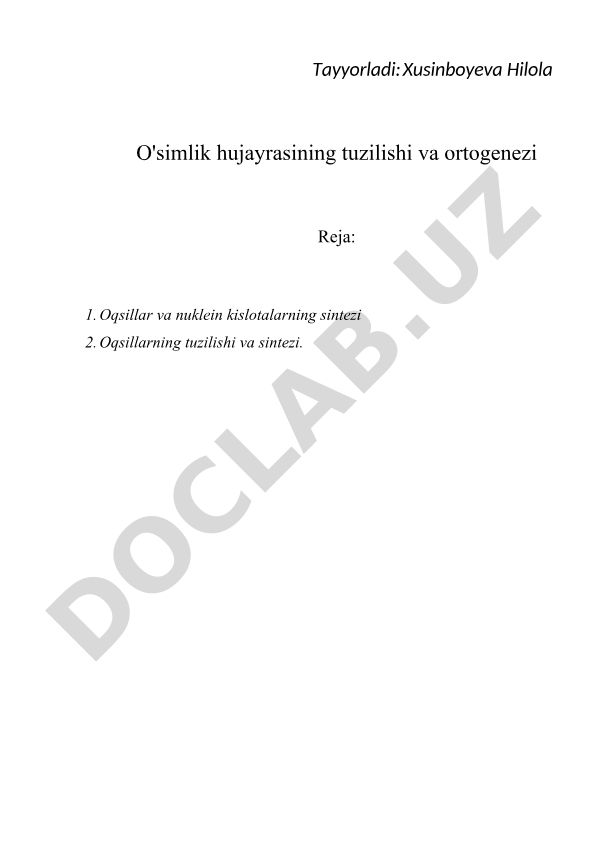 O'simlik hujayrasining tuzilishi va ortogenezi