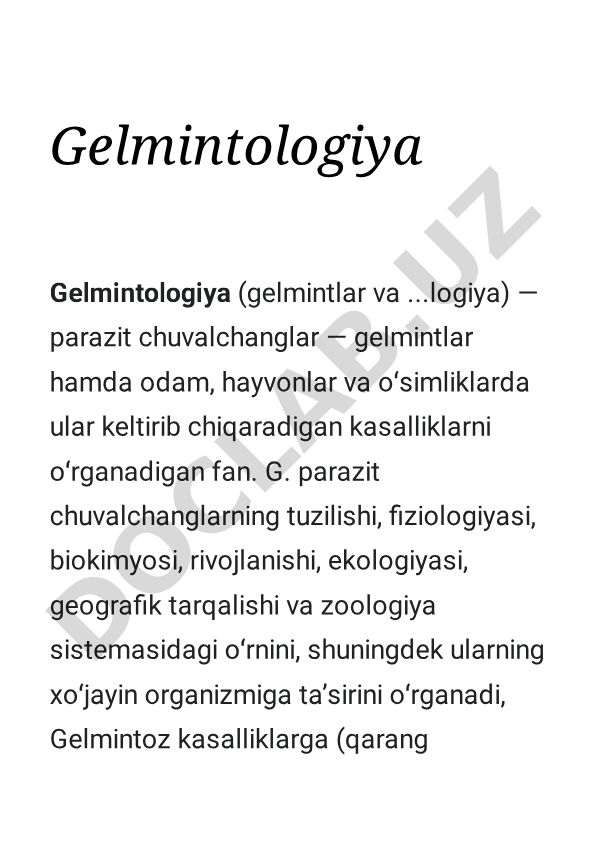 Gelmintologiya fanining asoslari va amaliy ahamiyati
