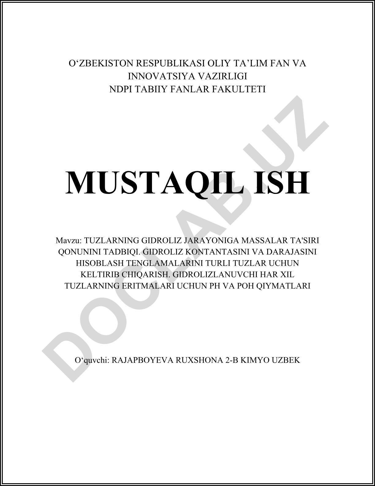 Tuzlarning gidroliz jarayoniga massalar ta'siri qonunini tadbiqi