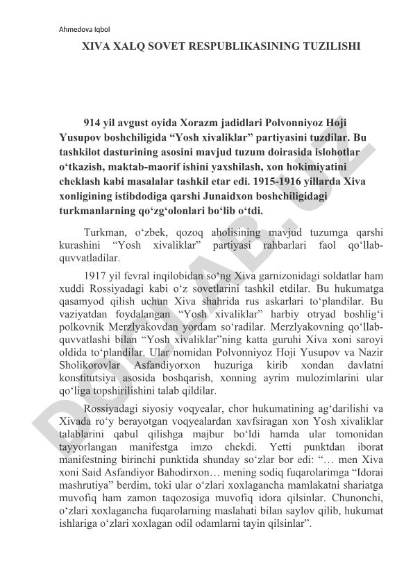 Xiva Xalq Sovet Respublikasining tuzilishi